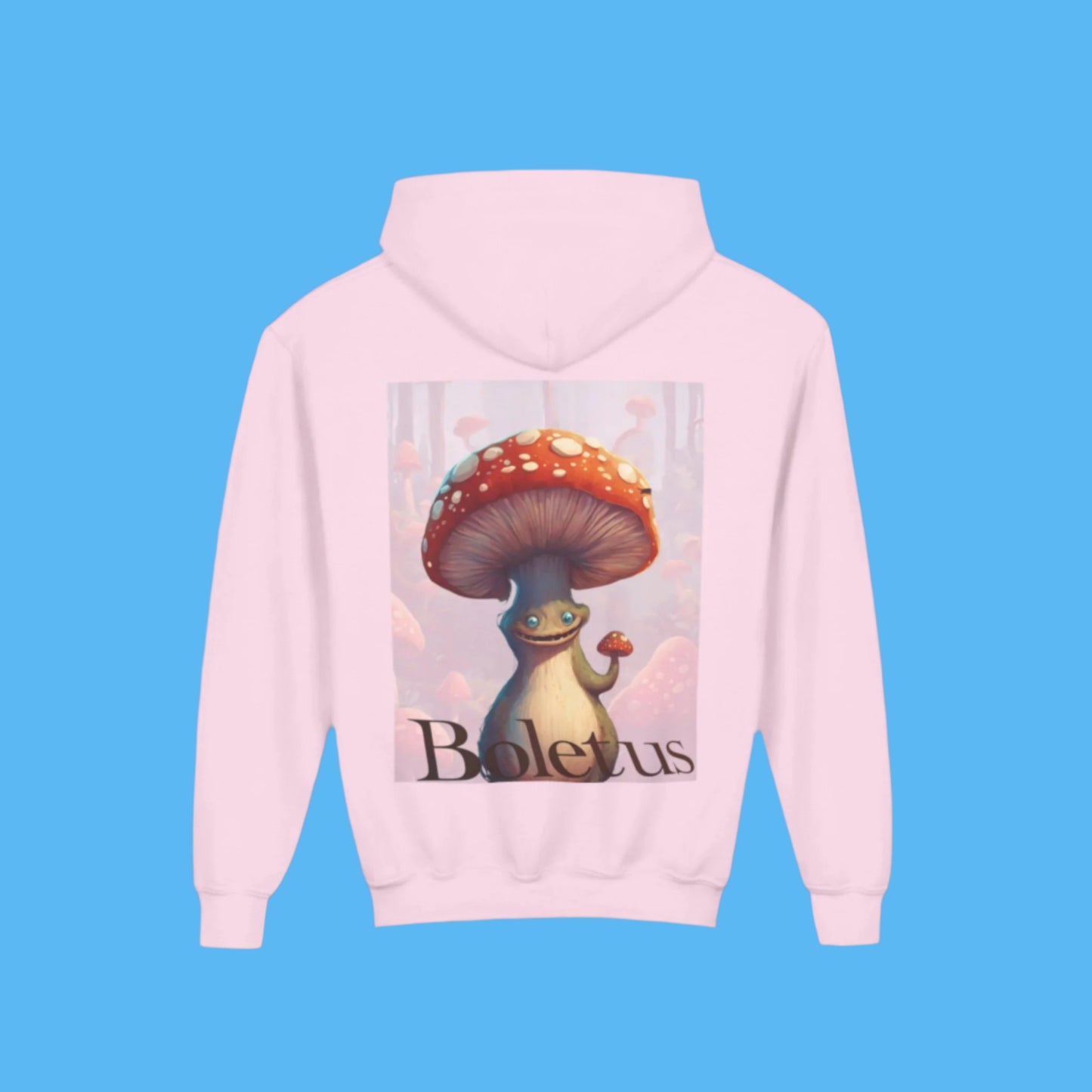 Boletus light pink hoodie Paddle Frogs mushroom character. Kangaroo Pocket, Hood, Cozy, kids and young adults, youth hooded jacket coat in light pink for the love you shine
