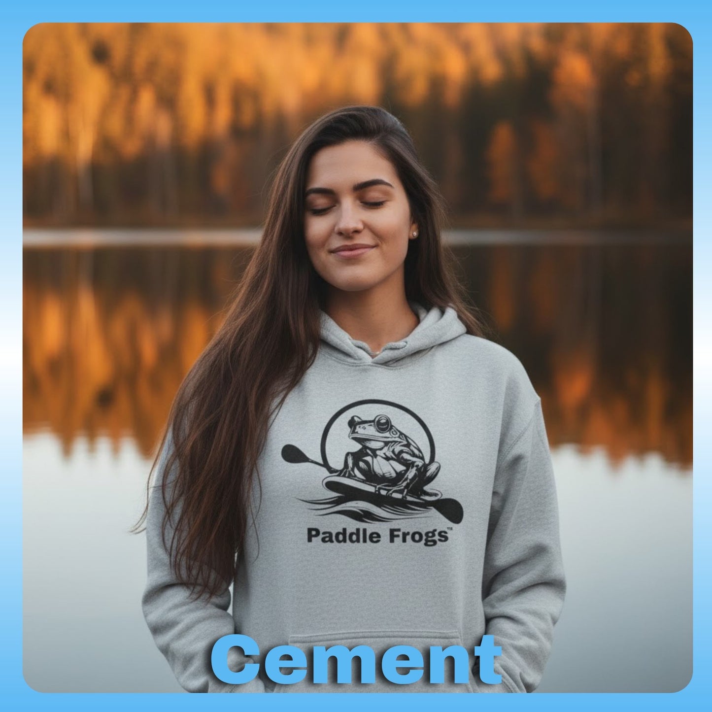 Brunette wearing Cement Gray | Paddle Frogs™ Soft Fleece Hoodie: Soft Fleece, Wild Soul (12 Colors)