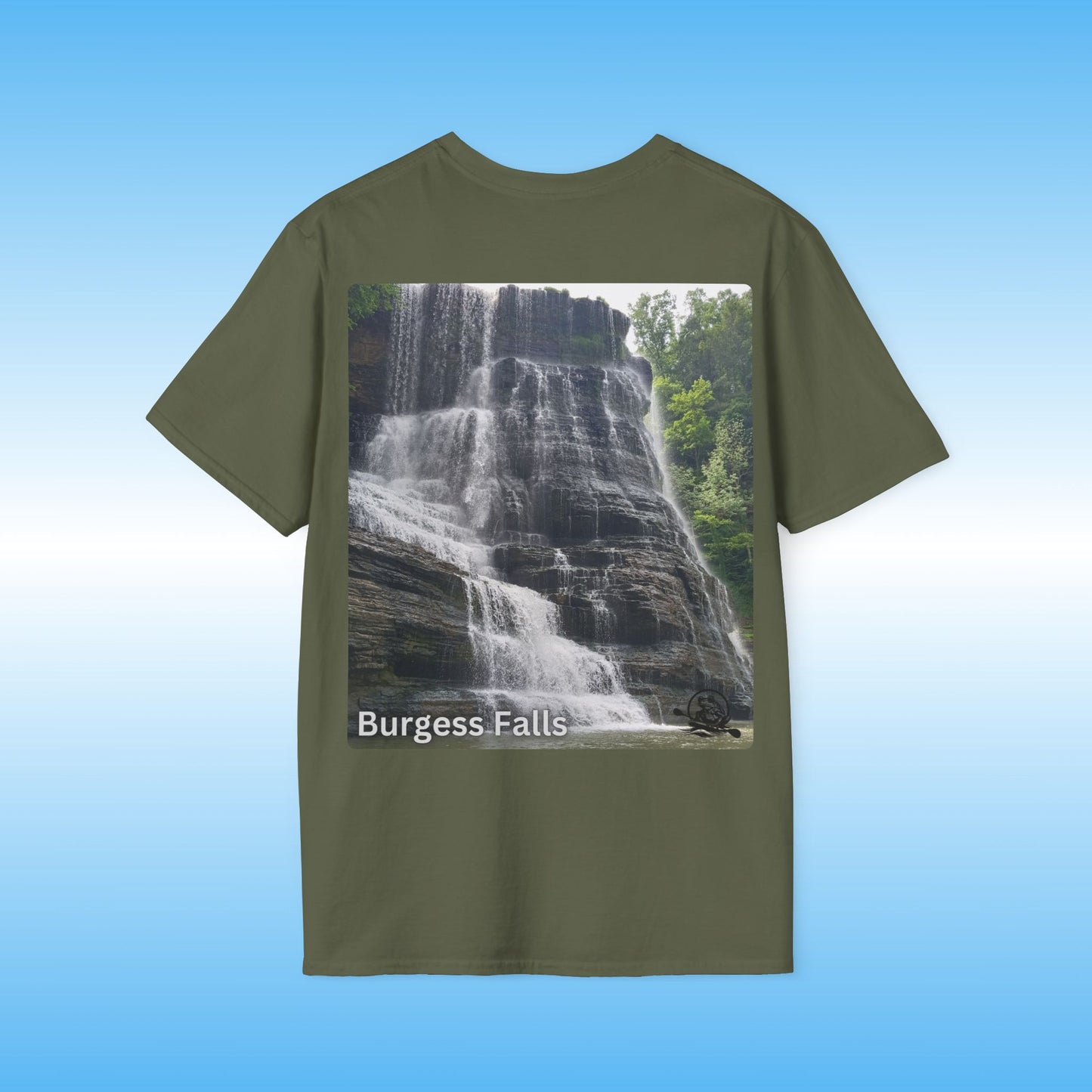 Burgess Falls Green t-shirt with a waterfall graphic and 'Burgess Falls' text on a blue background