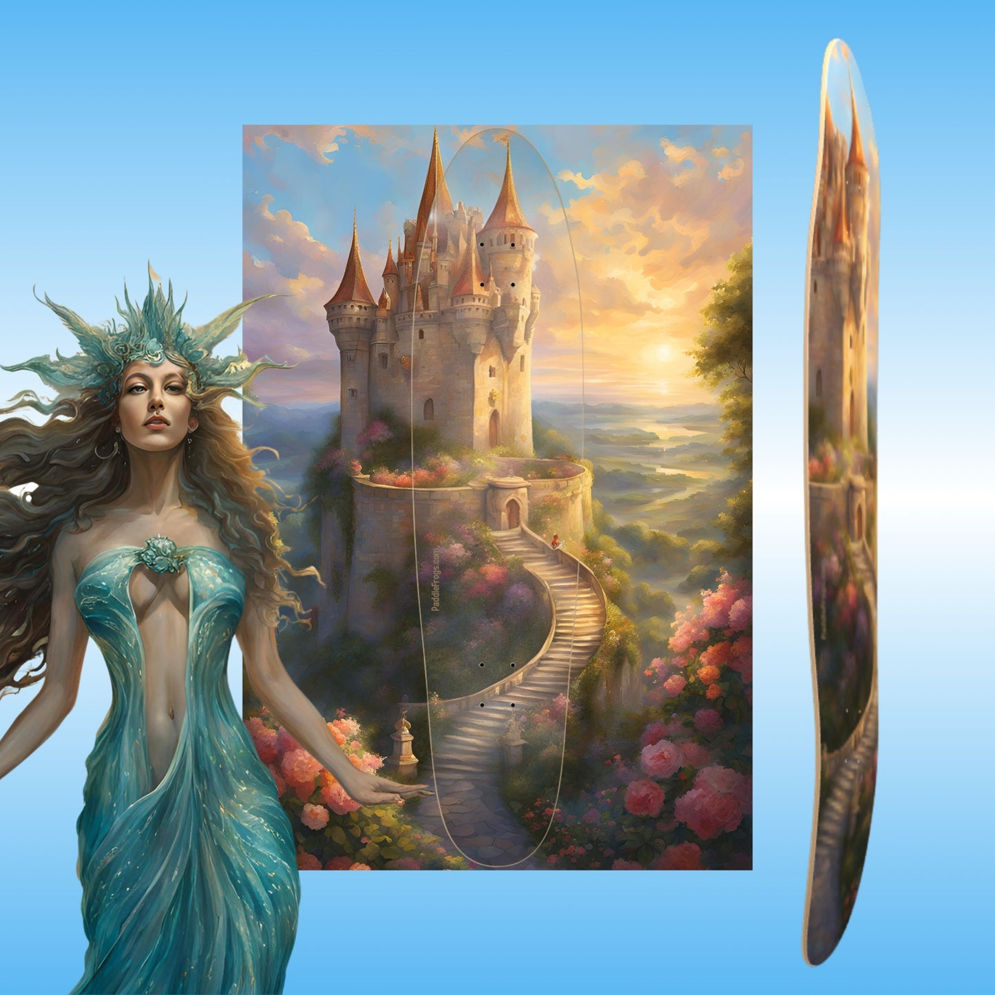 Castle Coaster | Longboard skateboard deck | Paddle Frogs | Fantasy scene with a woman in a teal dress and a castle in the background on a blue background.