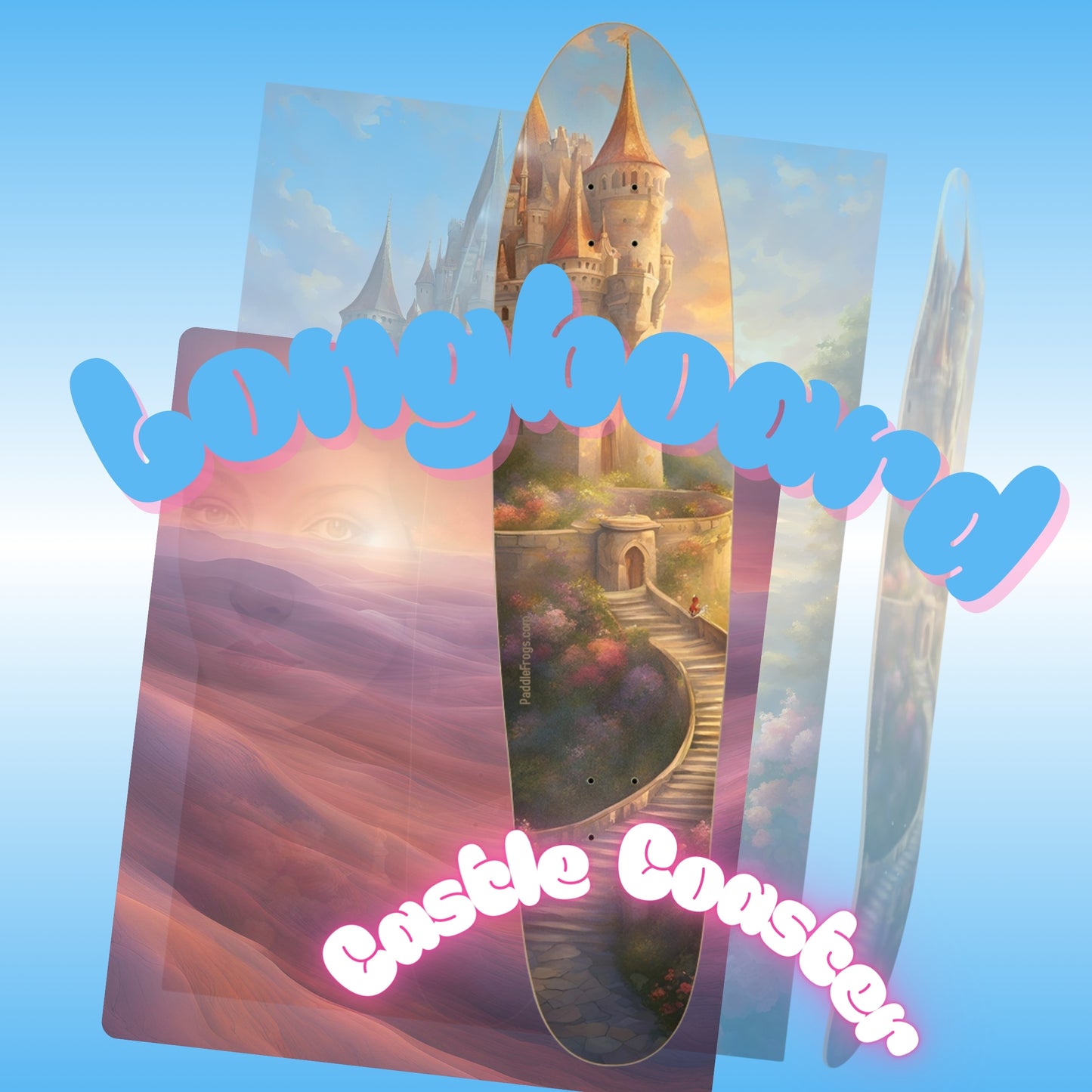 Castle Coaster | Longboard skateboard deck | Paddle Frogs | Art for you | the clouds of the East enter the Castle with the queen