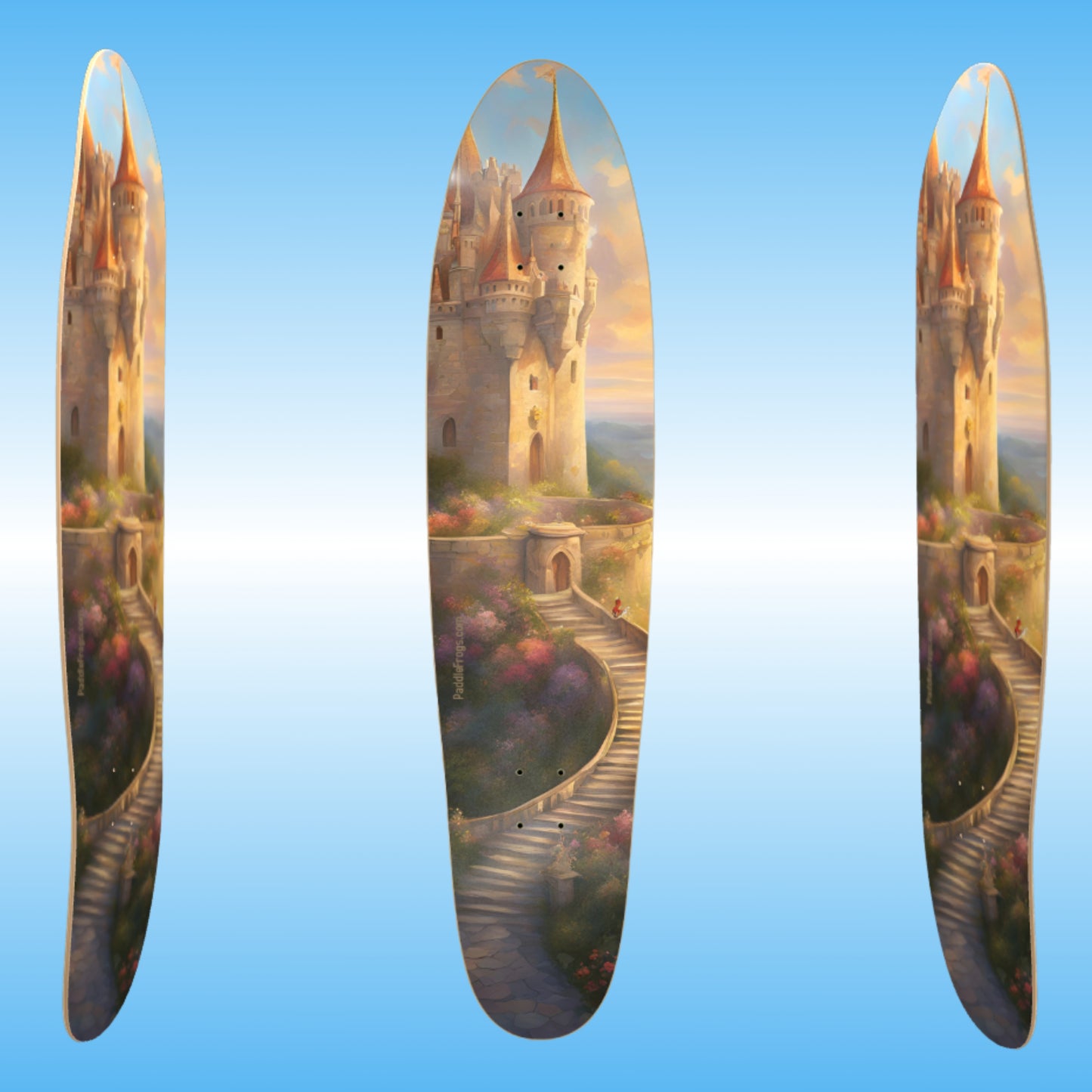 Castle Coaster | Professional skateboard deck by Paddle Frogs | 3 three angles of the pro longboard