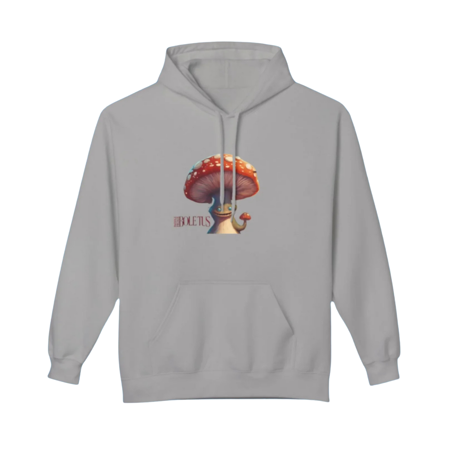 Boletus - Cement Gray hoodie with a mushroom graphic and text on a white background | by Paddle Frogs