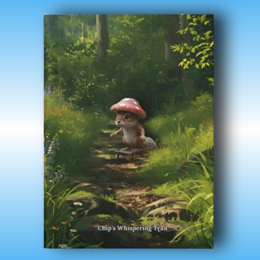 Chip’s Whispering Trail Journal – Paddle Frogs Skateboarding Chipmunk Hardcover Notebook for Kids & Writers - Front Cover | Book cover with a cartoon chipmunk under a mushroom on a forest path