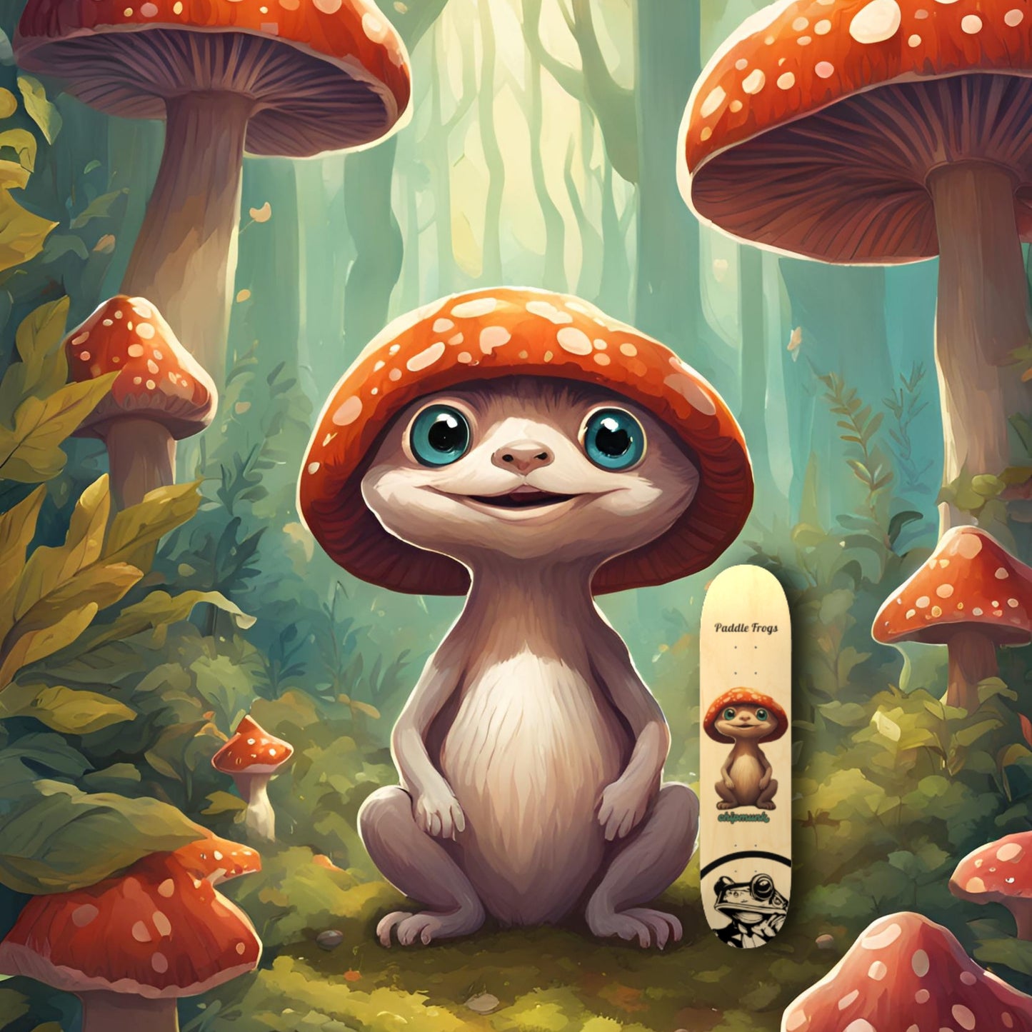 Chipmunk - Paddle Frogs - skateboard - Frog Face - Cartoon mushroom character with a skateboard in a forest setting