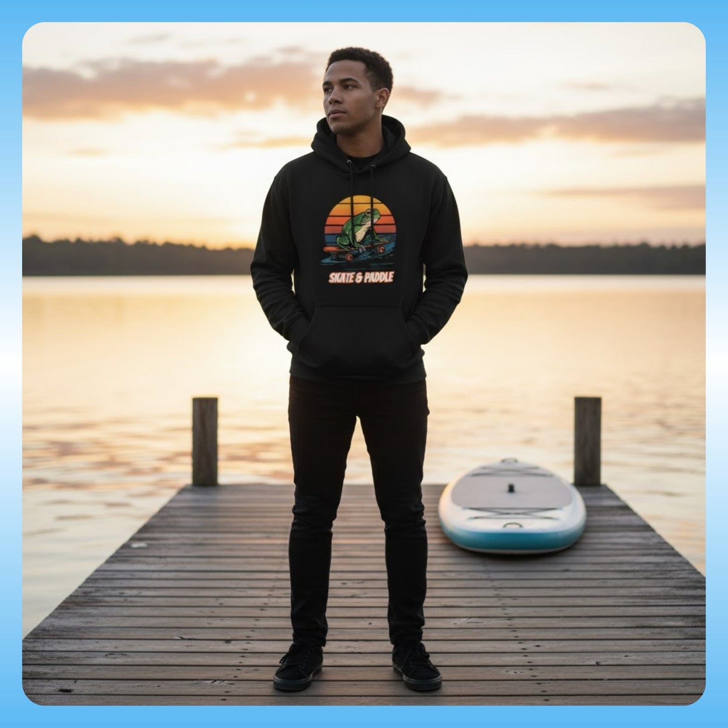 Cool weather paddle boarding | Paddle Frogs™ Skate & Paddle Hoodie | Poetic Balance Black Retro - standing on a dock by a lake at sunset.