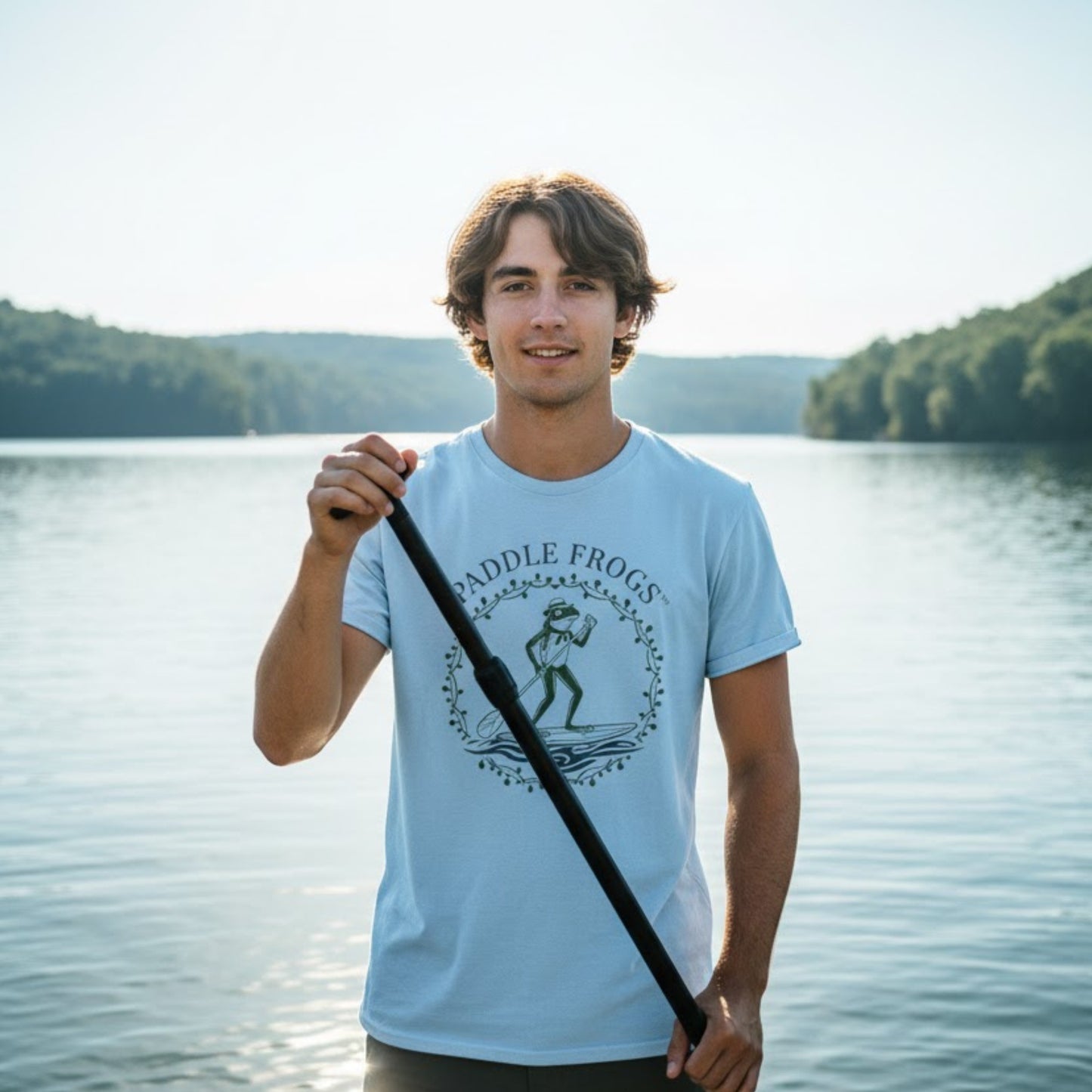 Country Paddler - | Paddle Frogs: T-shirt | a light blue paddleboarding tee crew model Kyle at Chickamauga Lake TN