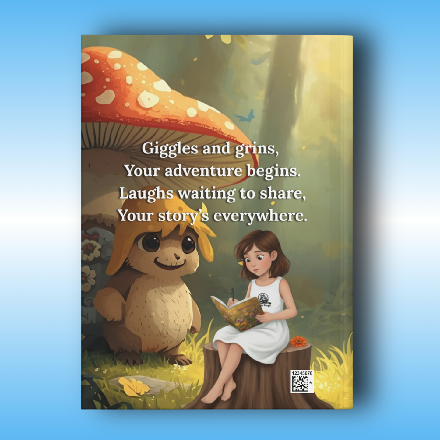 Hard cover journal Illustration of a child and a creature in a forest with a quote about adventure and laughter.