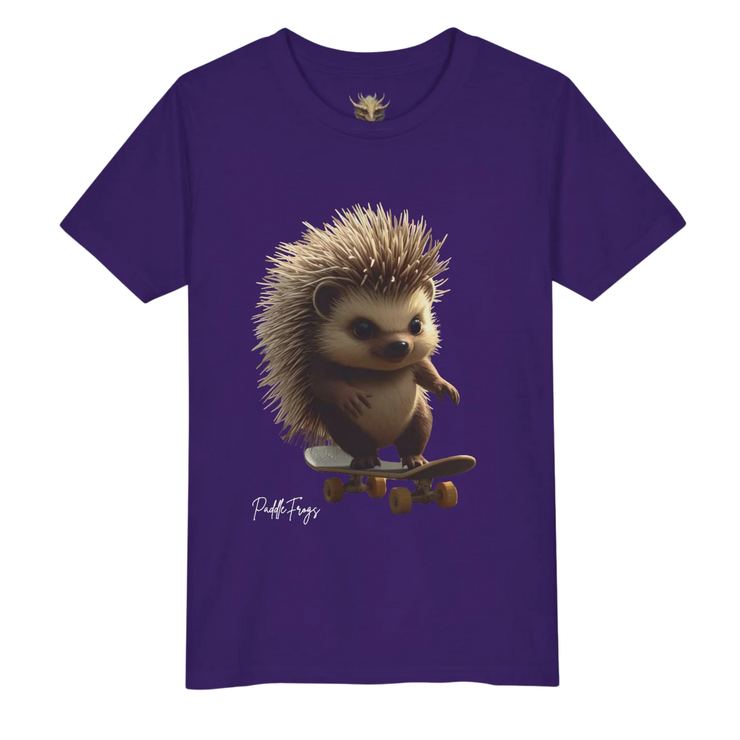 Edge the Hedgehog - Purple | Youth Skateboard T-Shirt | Paddle Frogs Kids | T-shirt with a hedgehog on a skateboard graphic