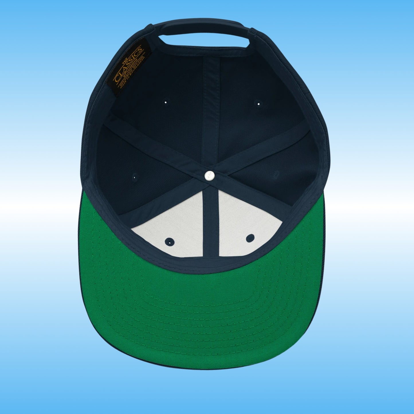 A structured baseball cap shown from the back, featuring a dark navy blue crown and a vibrant green visor. The back of the cap has a white button at the center, with two white triangular fabric tabs on the sides of the visor containing two black eyelets.