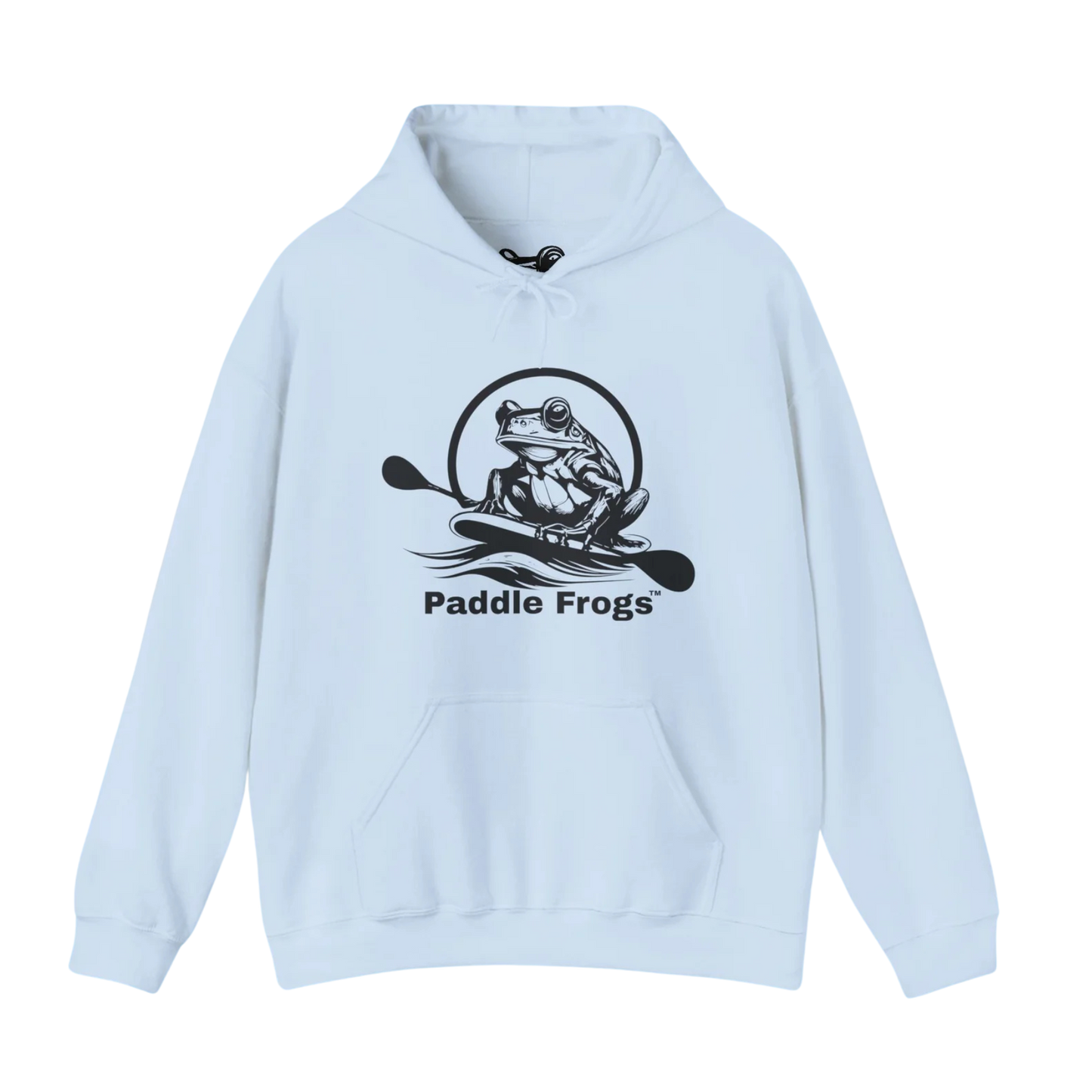 Light blue fleece hoodie with 'Paddle Frogs' logo on a white background