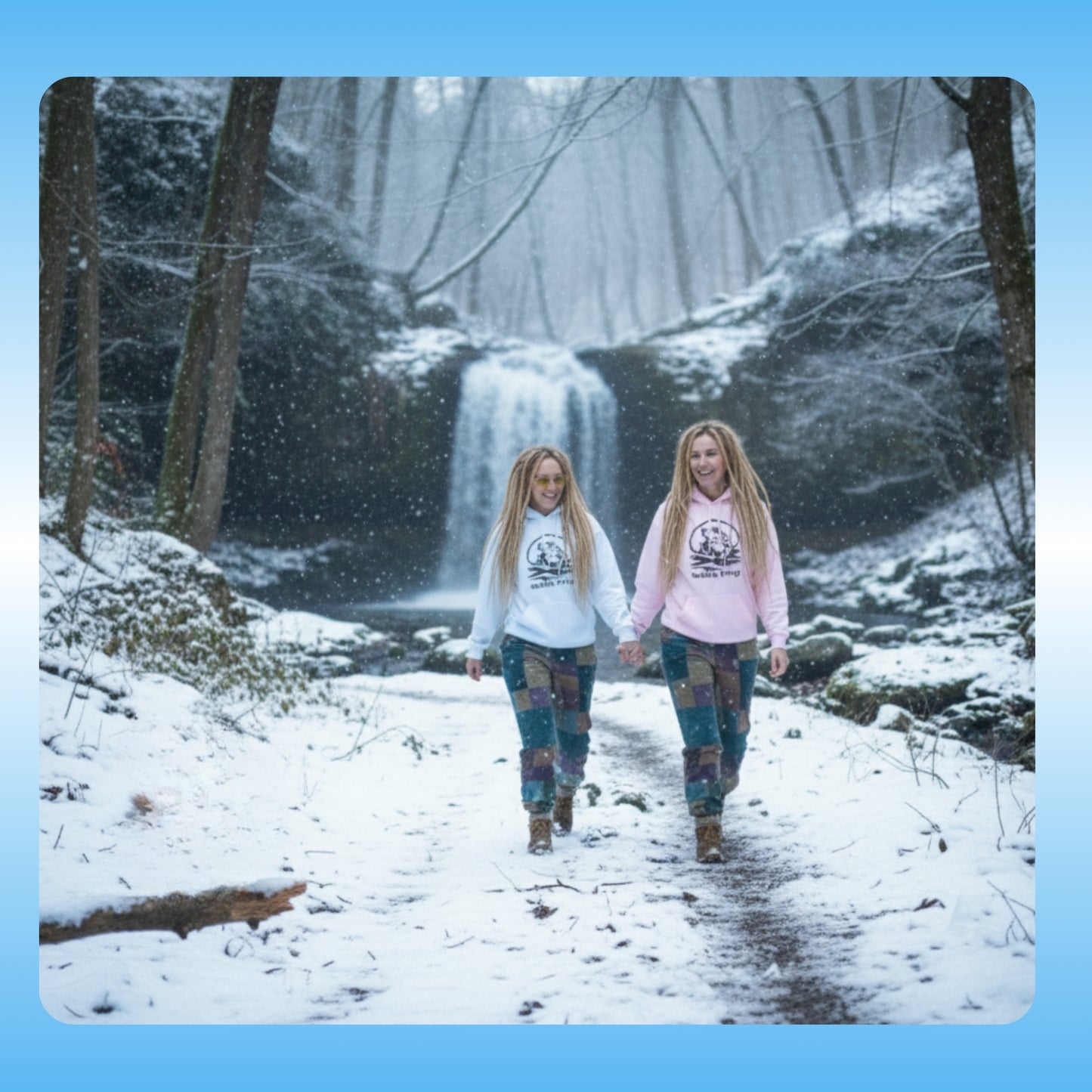 Extra Cozy & warm white Paddle Frogs Outdoor Gear Hoodie pull over coat Light Blue | Two people walking hand in hand on a snowy path with a waterfall in the background.