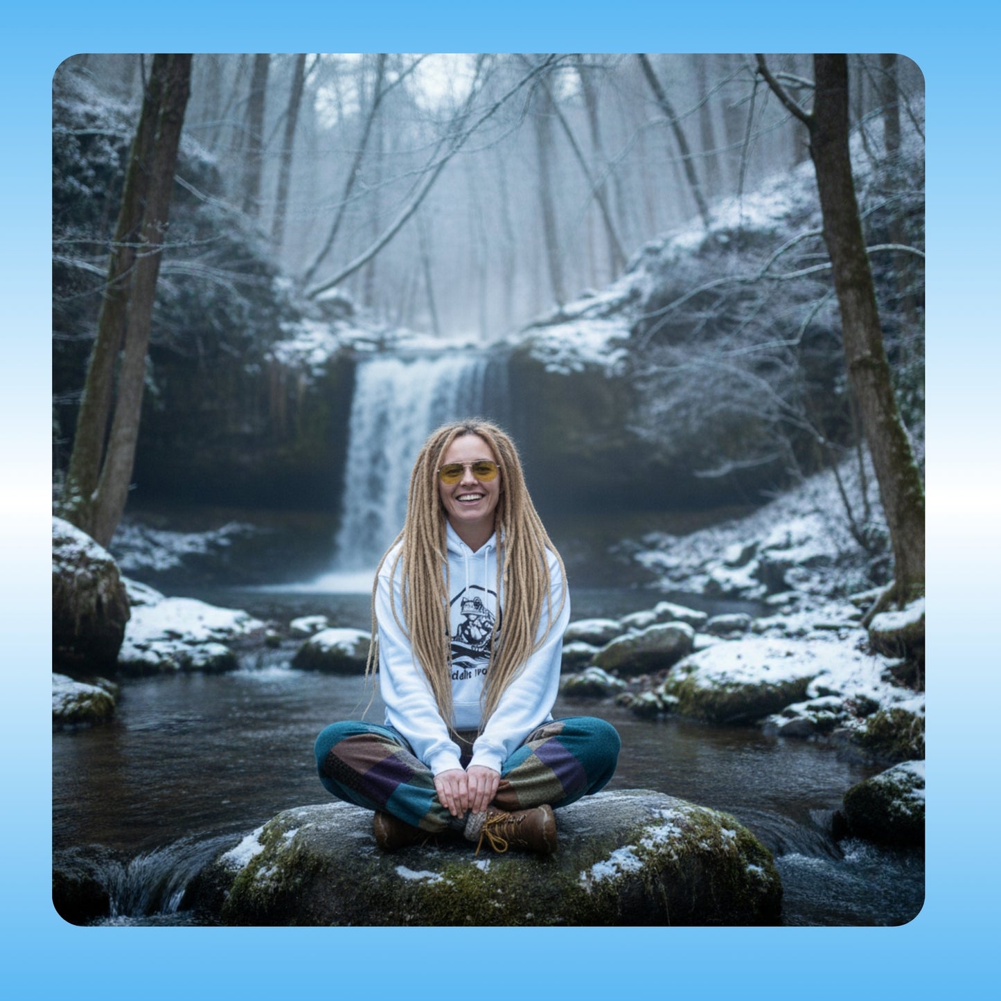 Extra Cozy & warm white Paddle Frogs Outdoor Gear Hoodie pull over coat Light Blue Person sitting on a rock in front of a snowy waterfall
