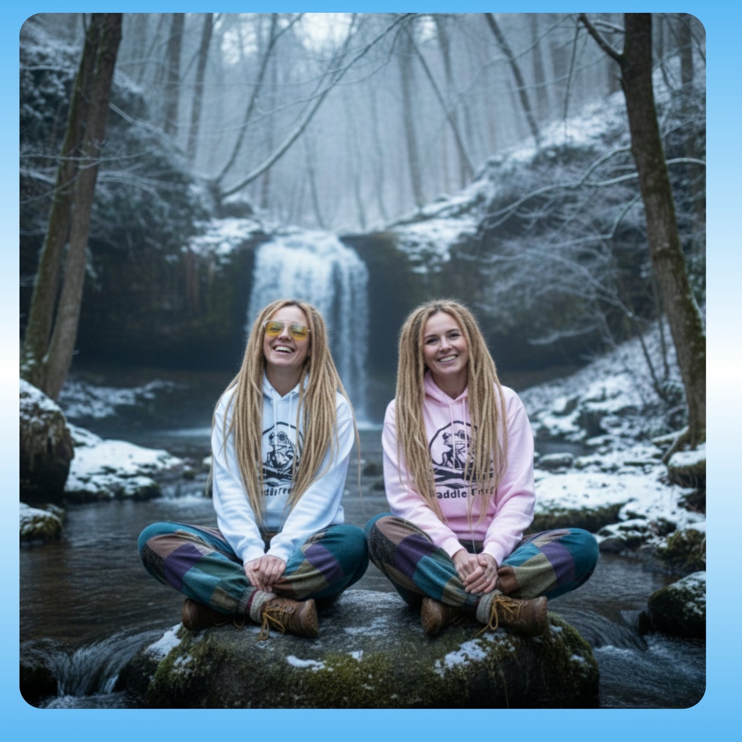 Extra Cozy & warm white Paddle Frogs Outdoor Gear Hoodie pull over coat Light Blue Two people sitting by a waterfall in a snowy forest