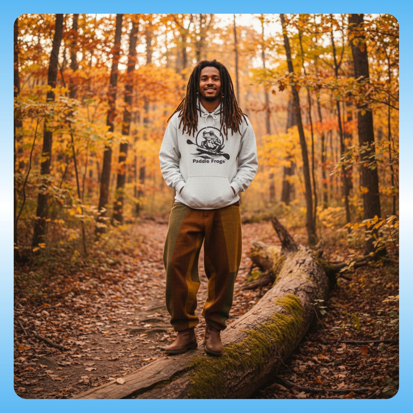 Extra Cozy & warm white Paddle Frogs Outdoor Gear Hoodie pull over coat grey | Person standing on a log in a forest with autumn foliage