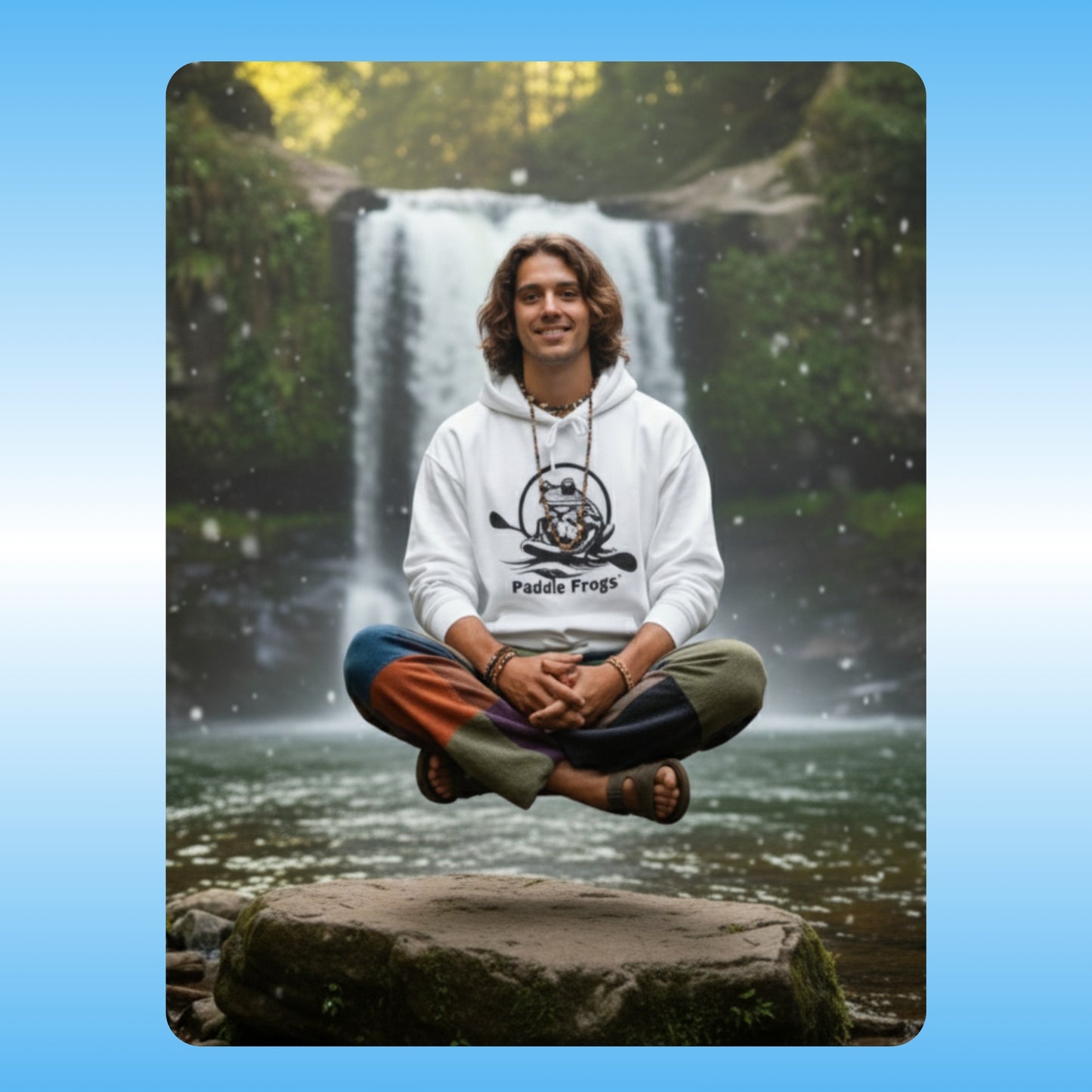 Extra Cozy & warm white Paddle Frogs Outdoor Gear Hoodie pull over coat white jacket Person meditating in front of a waterfall wearing a hoodie with a logo.