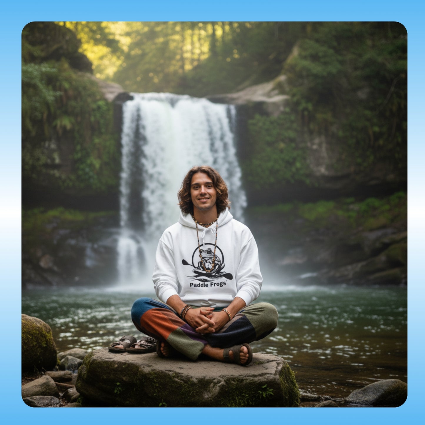 Extra Cozy & warm white Paddle Frogs Outdoor Gear Hoodie pull over | Person sitting on a rock in front of a waterfall wearing a hoodie with a logo.