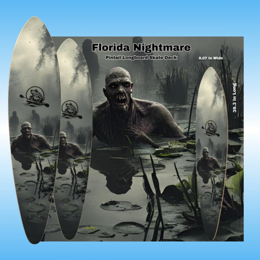 Florida Nightmare pintail longboard skateboard deck by Paddle Frogs skate shop | artwork by the maintenance man | Skateboard deck with a zombie design and 'Florida Nightmare' text on a blue background