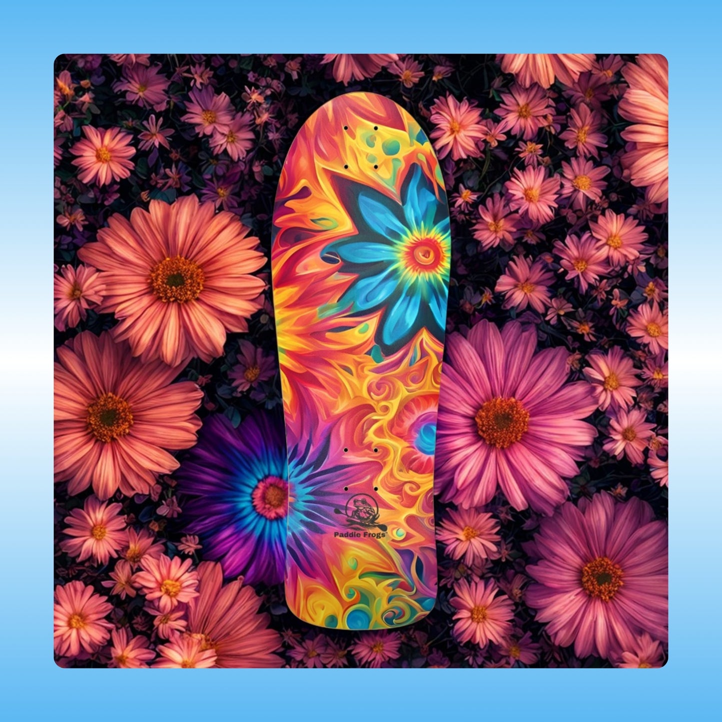 Flower Tie Dye classic old school retro skateboard deck | colorful board by Paddle Frogs skate shop | flower garden photograph