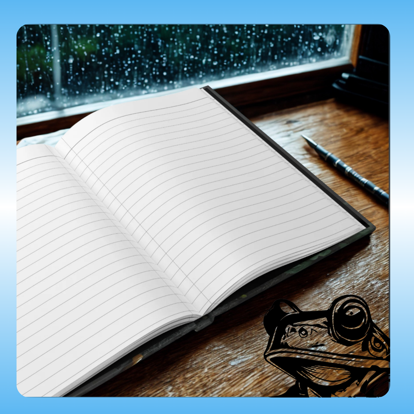 Forest Rain - green frog holding a red umbrella on a wooded trail - Paddle Frogs Journal - Hard Cover | Poetry, and rain rainstorms bring this to peaceful forest of love and art | Open to show pages Perspective image