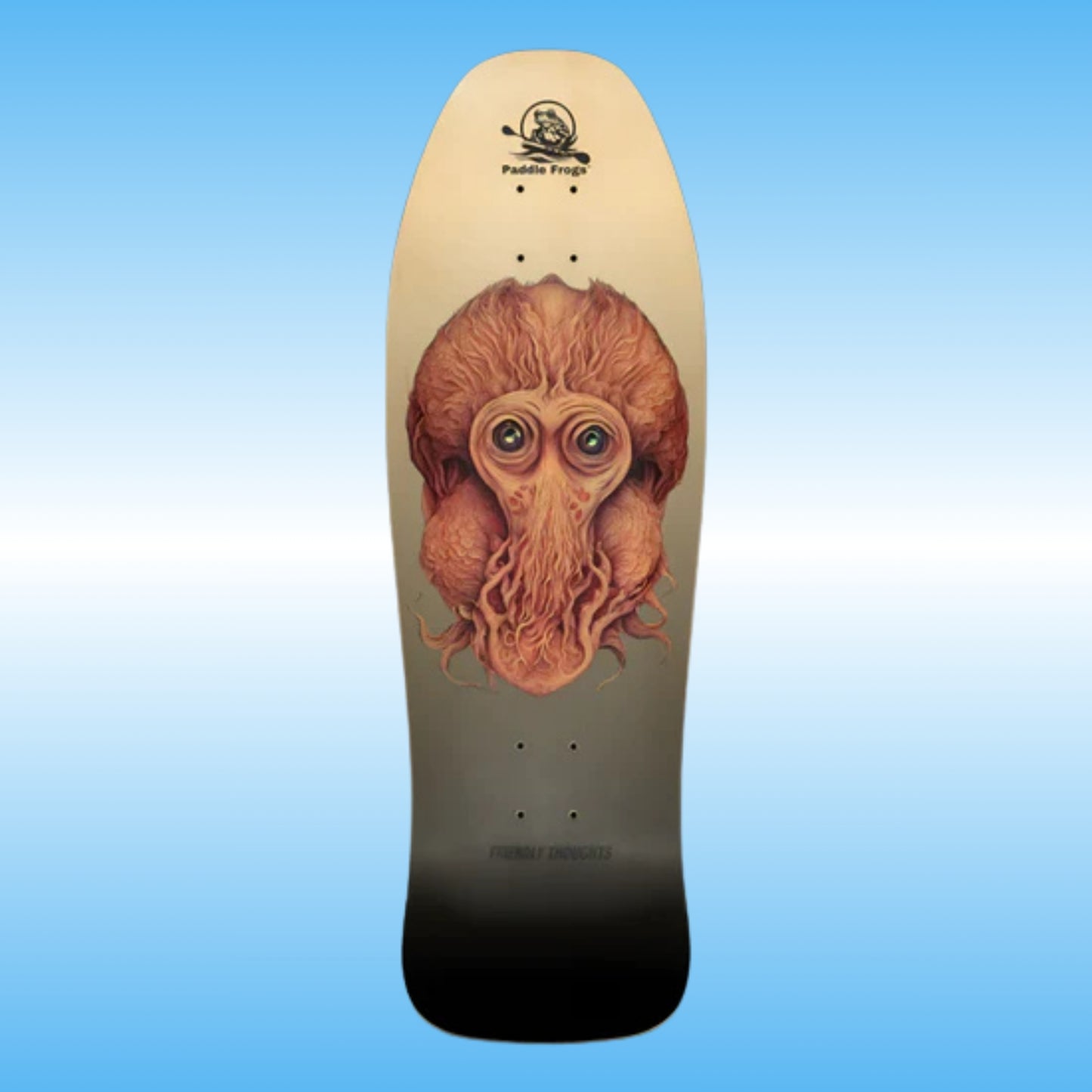 Friendly Thoughts retro classic thrasher skateboard deck by Paddle Frogs | character creature Artwork