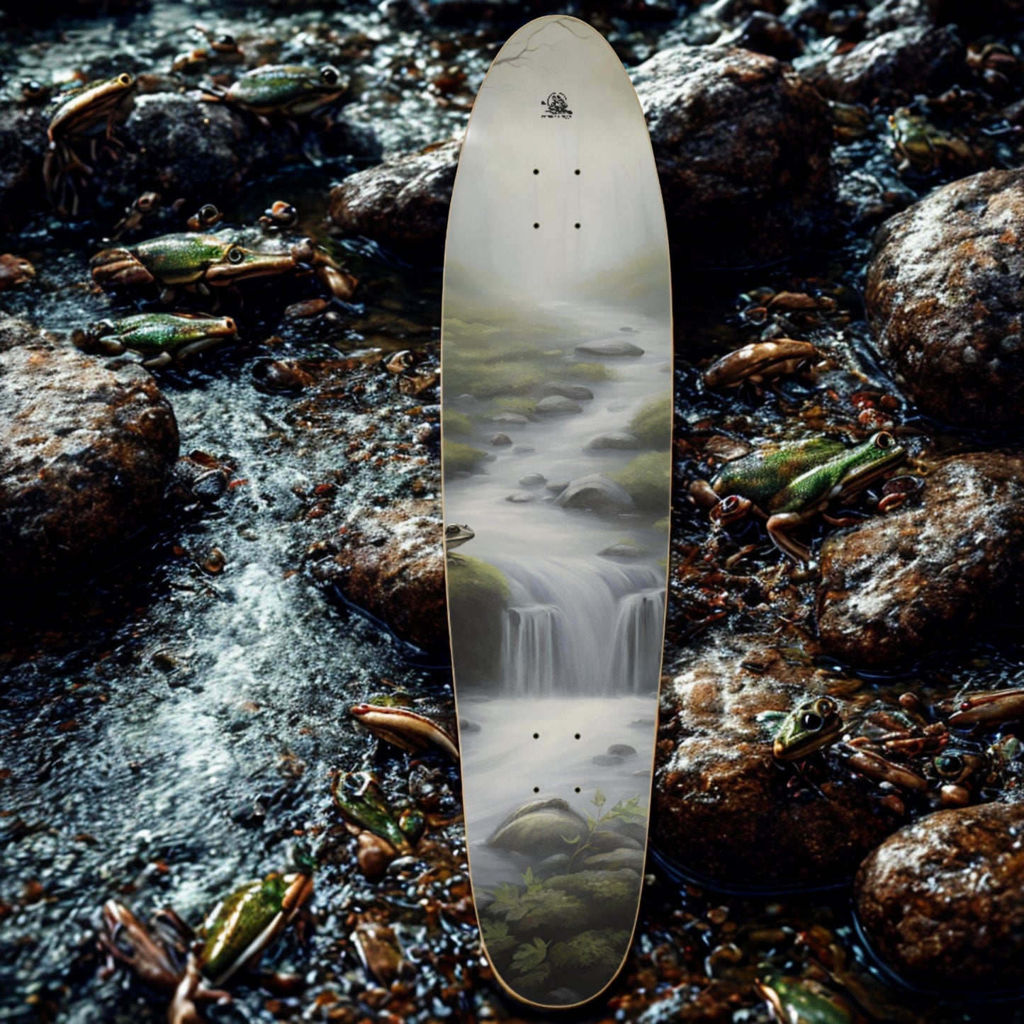 Frog Creek - Longboard Pro Skateboard Deck Skateboard deck with a nature-themed design of a waterfall on a rocky stream, surrounded by frogs.