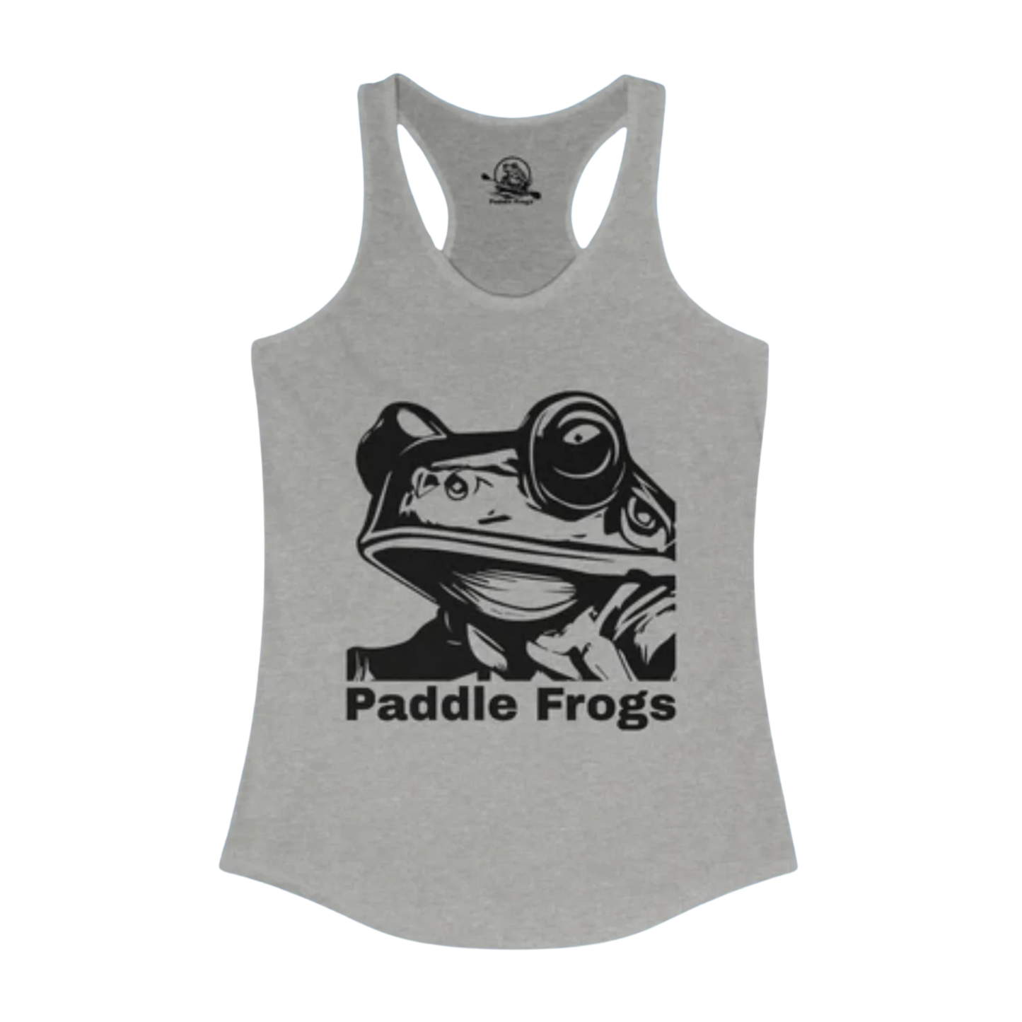 Ladies Heather Gray tank top with a black frog graphic and 'Paddle Frogs' text on a white background