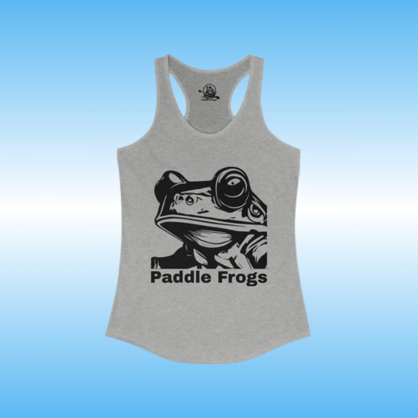 Frog Face ladies heather grey tank top by Paddle Frogs | Gray tank top with a black frog graphic and 'Paddle Frogs' text on a blue gradient background