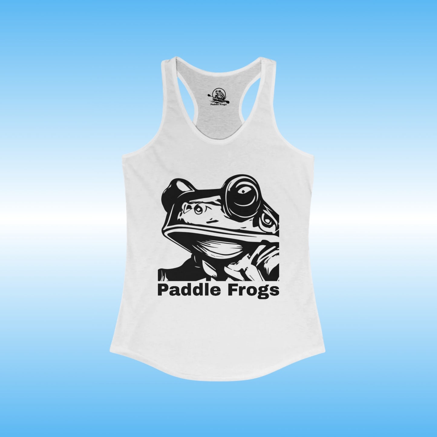 Frog Face ladies solid white tank top by Paddle Frogs | White tank top with a graphic of a frog wearing binoculars and the text 'Paddle Frogs' on a blue background.