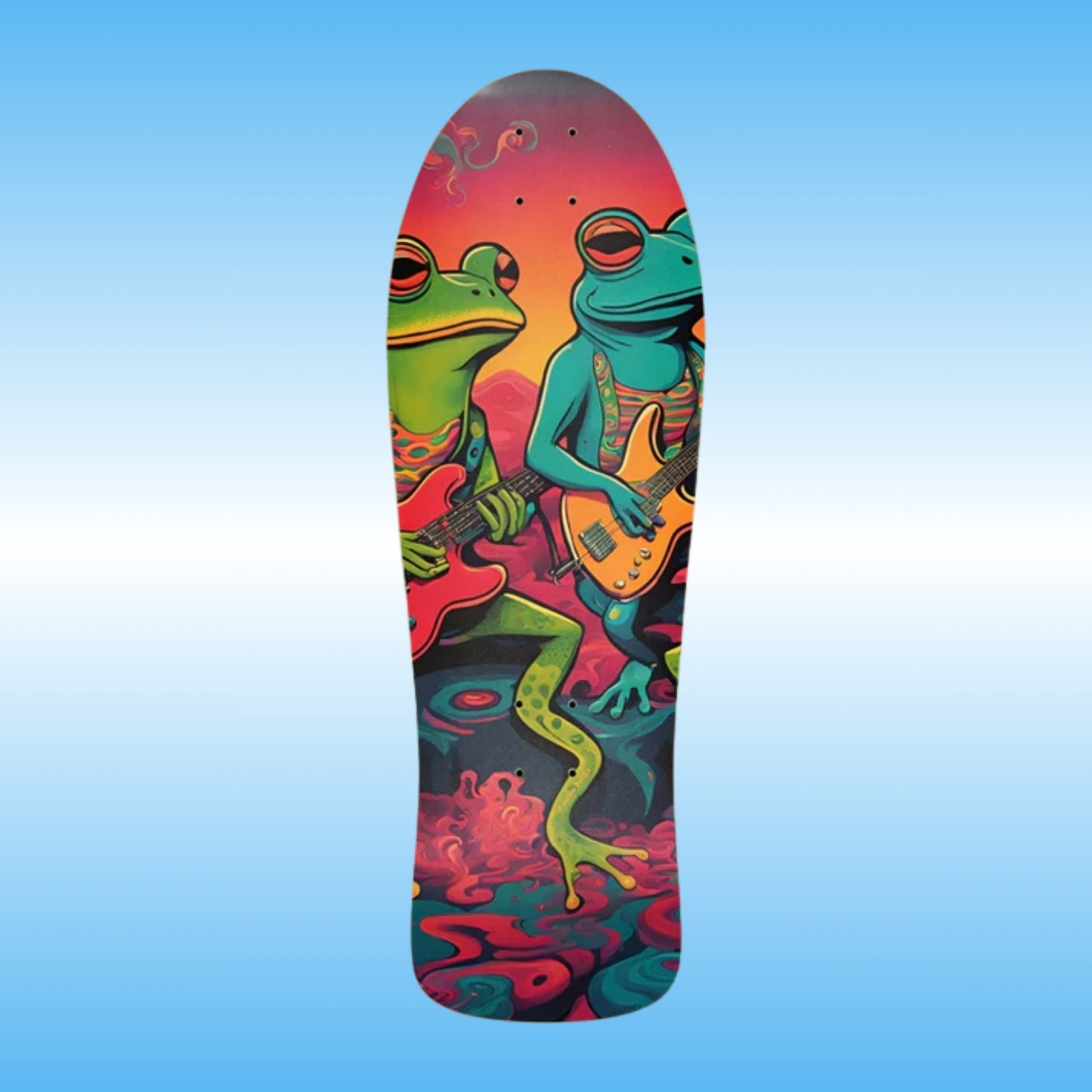 Frog Jam | 2 frogs rock electric guitars | classic retro old school skateboard deck by Paddle Frogs Outdoor Gear | Colorful skateboard deck with frog design playing a guitar on a blue gradient background