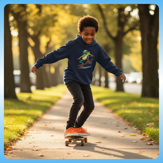 Froghopper Skate Hoodie | Paddle Frogs™ Kids Navy blue child skateboarding on a sidewalk