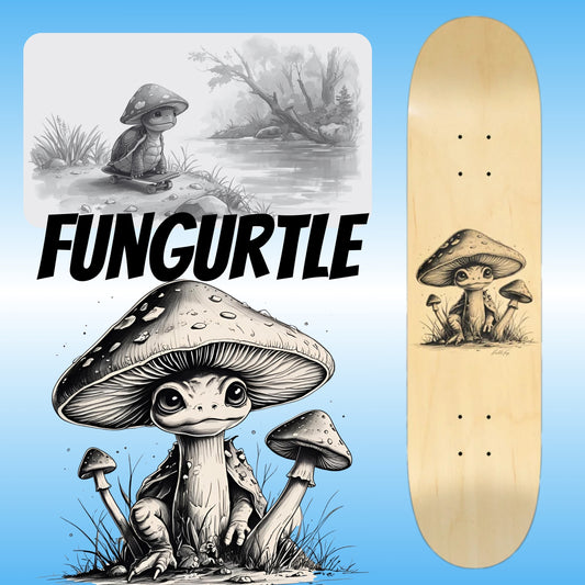 Fungurtle Skateboard Deck by Paddle Frogs | Mushroom series on PaddleFrogs.com Drawings | Skateboard deck with 'FUNGURTLE' design featuring a cartoon turtle among mushrooms on a blue background.