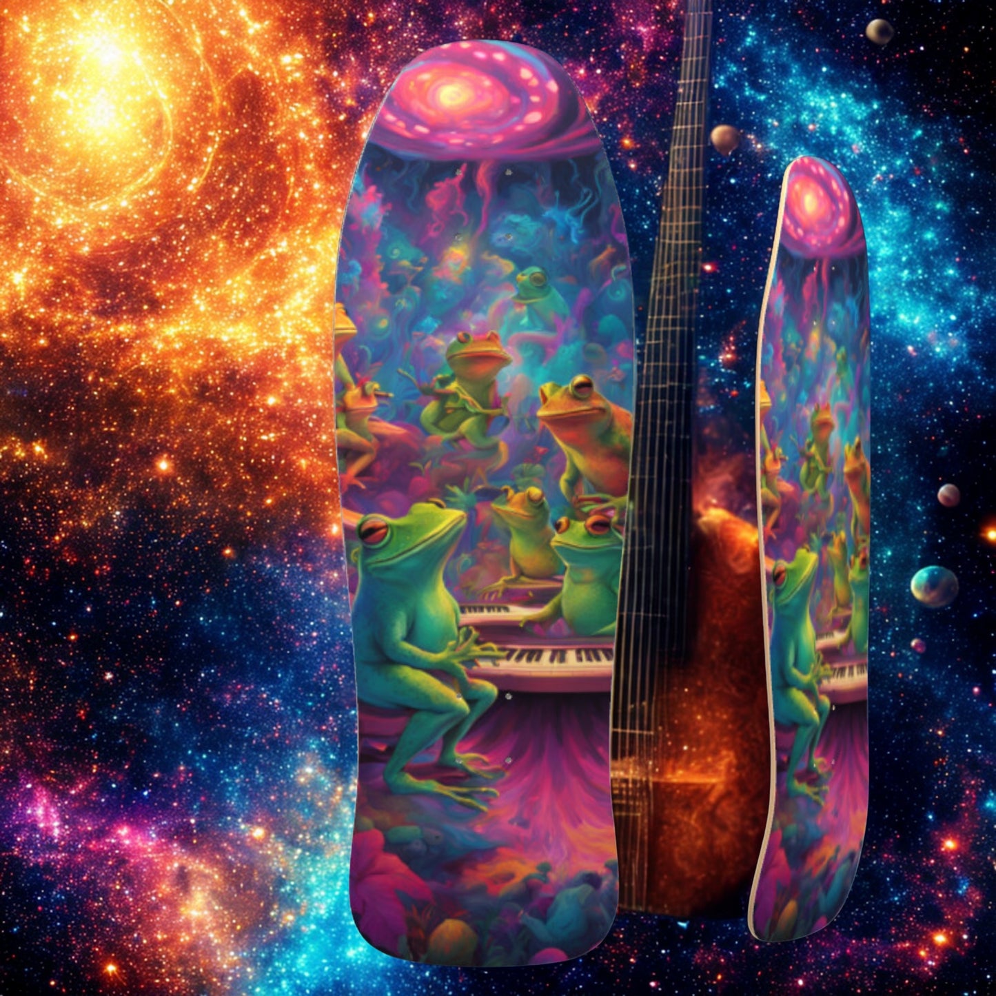 Galactic Mindbender Classic Shredder Skateboard Deck Pro 7 seven layer Canadian Maple | Guitar with colorful frog design on a space-themed background