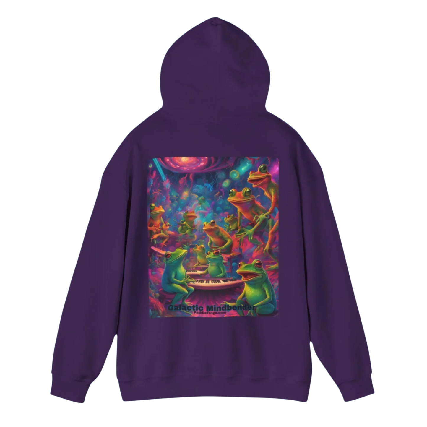 Galactic Mindbender Hoodie Purple with a colorful graphic of frogs on the back on a white background