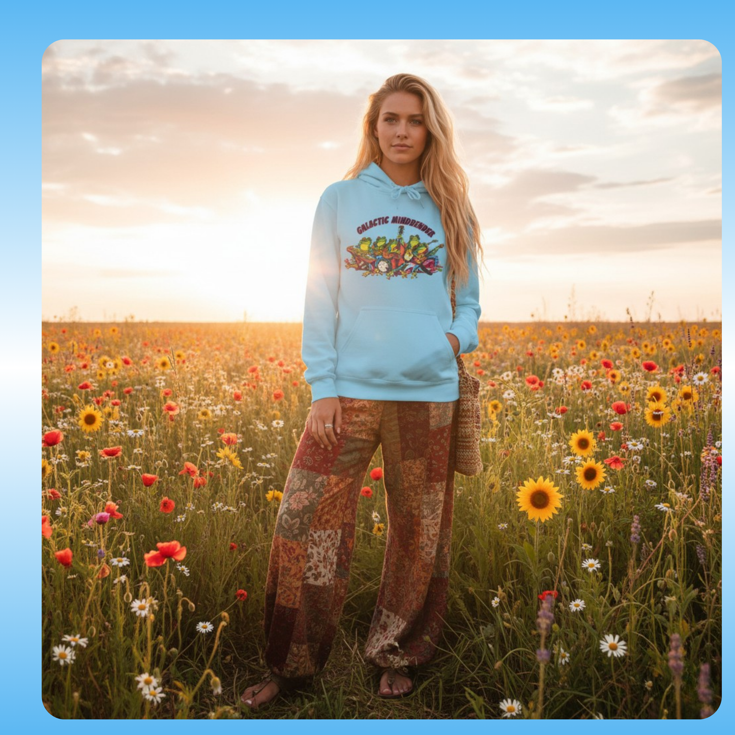 Galactic Mindbender fleece hoodie | Woman standing in a field of flowers wearing a blue hoodie with floral designs.