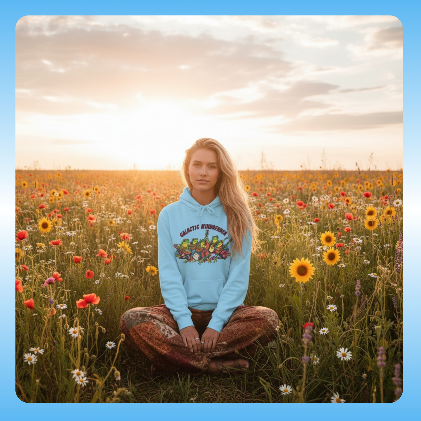 Galactic Mindbender fleece hoodie | Person sitting in a field of flowers wearing a light blue hoodie with a colorful graphic design.