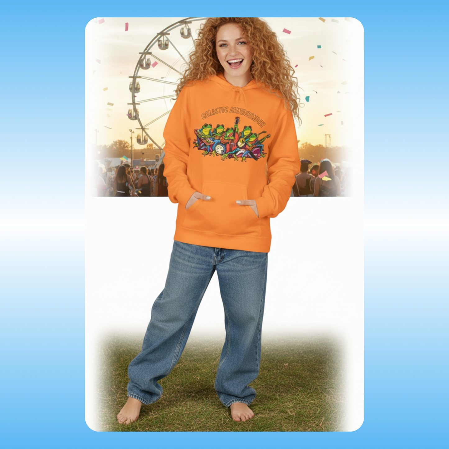 Galactic Mindbender fleece hooded jacket band | Person wearing an orange hoodie with a colorful graphic design at a fairground