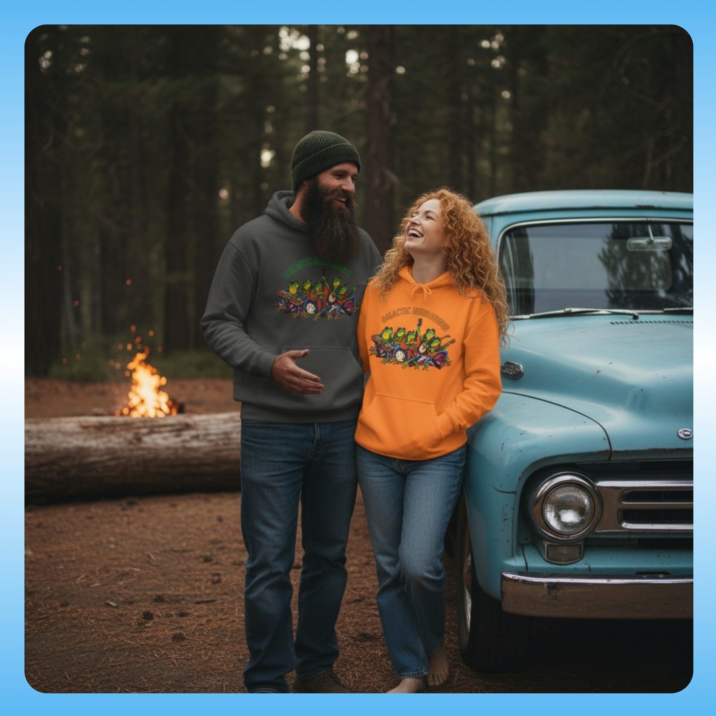Galactic Mindbender fleece hoodie | Two people standing next to a vintage truck by a campfire in a forest setting.