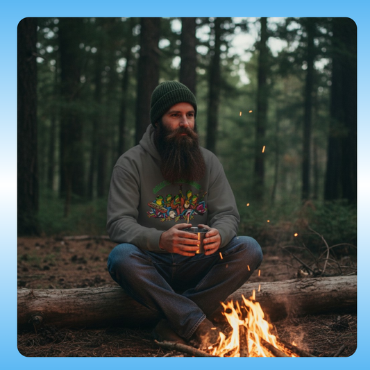 Galactic Mindbender fleece hoodie | Man with a beard sitting by a campfire in the woods