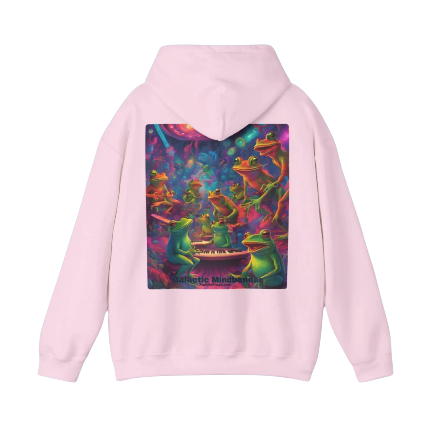 Galactic Mindbender light Pink hoodie with a colorful graphic of frogs on the back on a white background
