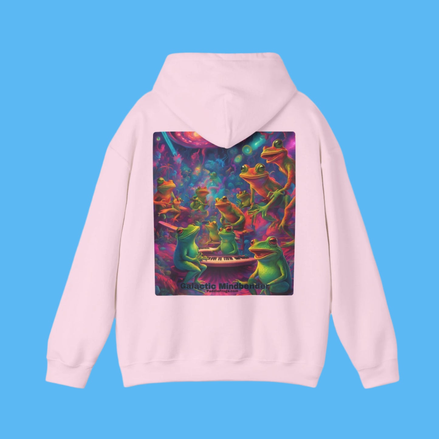 Galactic Mindbender Paddle Frogs in Light pink Hooded Jacket with Pockets Logo on the front of coat