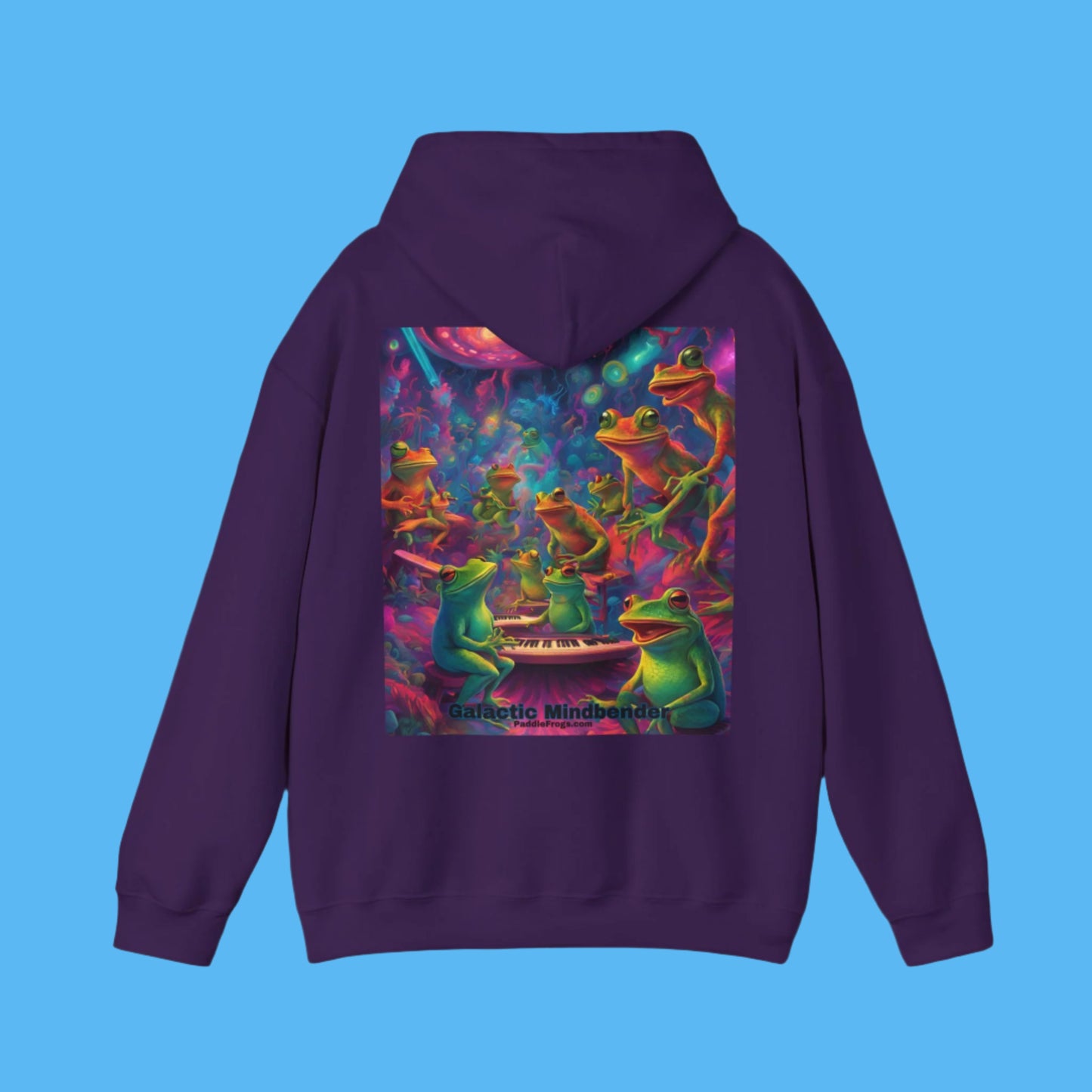 Galactic Mindbender Paddle Frogs in Purple Hooded Jacket with Pockets Logo on the front of coat