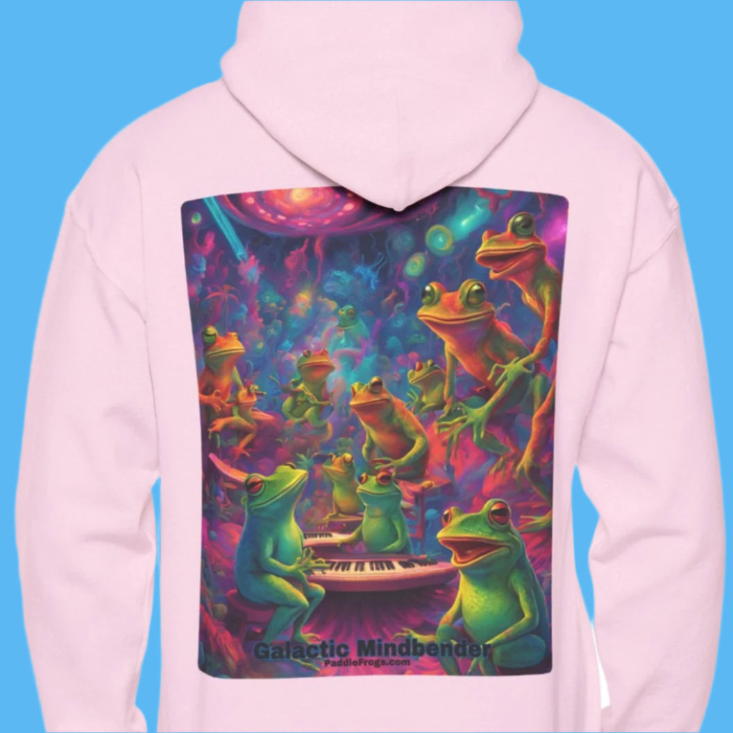 Galactic Mindbender Paddle Frogs in light Pink Hooded Jacket with Pockets Logo on the front