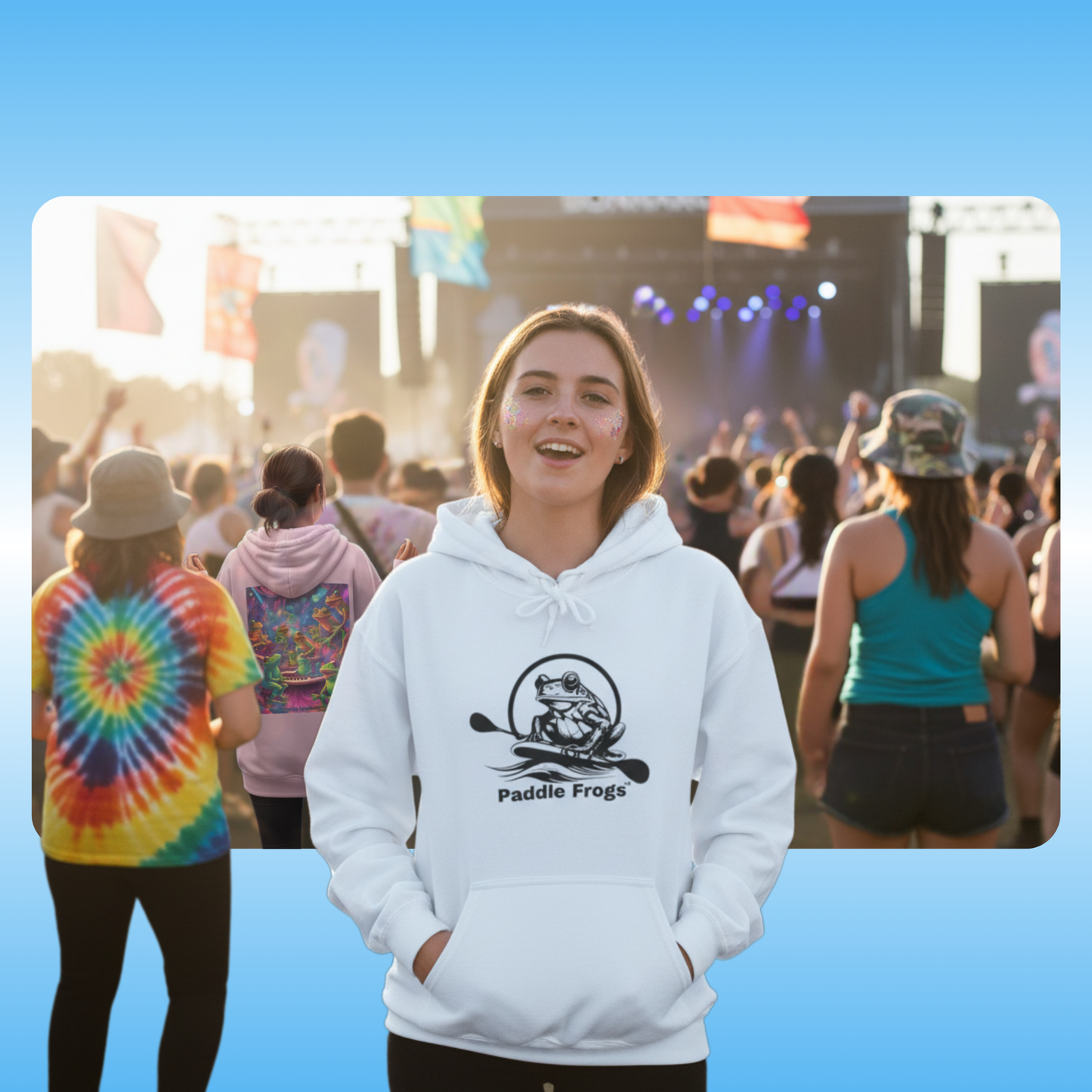 Galactic Mindbender at Music Festival in Manchester Tennessee Person wearing a white hoodie with 'Paddle Frogs' logo at a music festival.