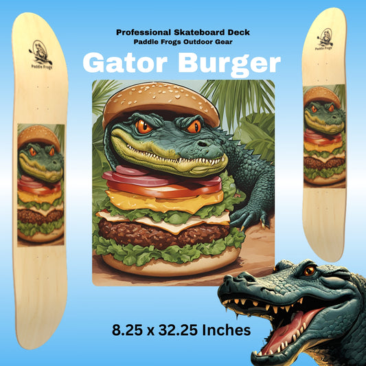 Gator Burger | Paddle Frogs Professional Skateboard Deck 8.25 x 32.25 Inches seven layer Canadian Maple Made in USA Skateboard deck with a gator burger design on a blue background