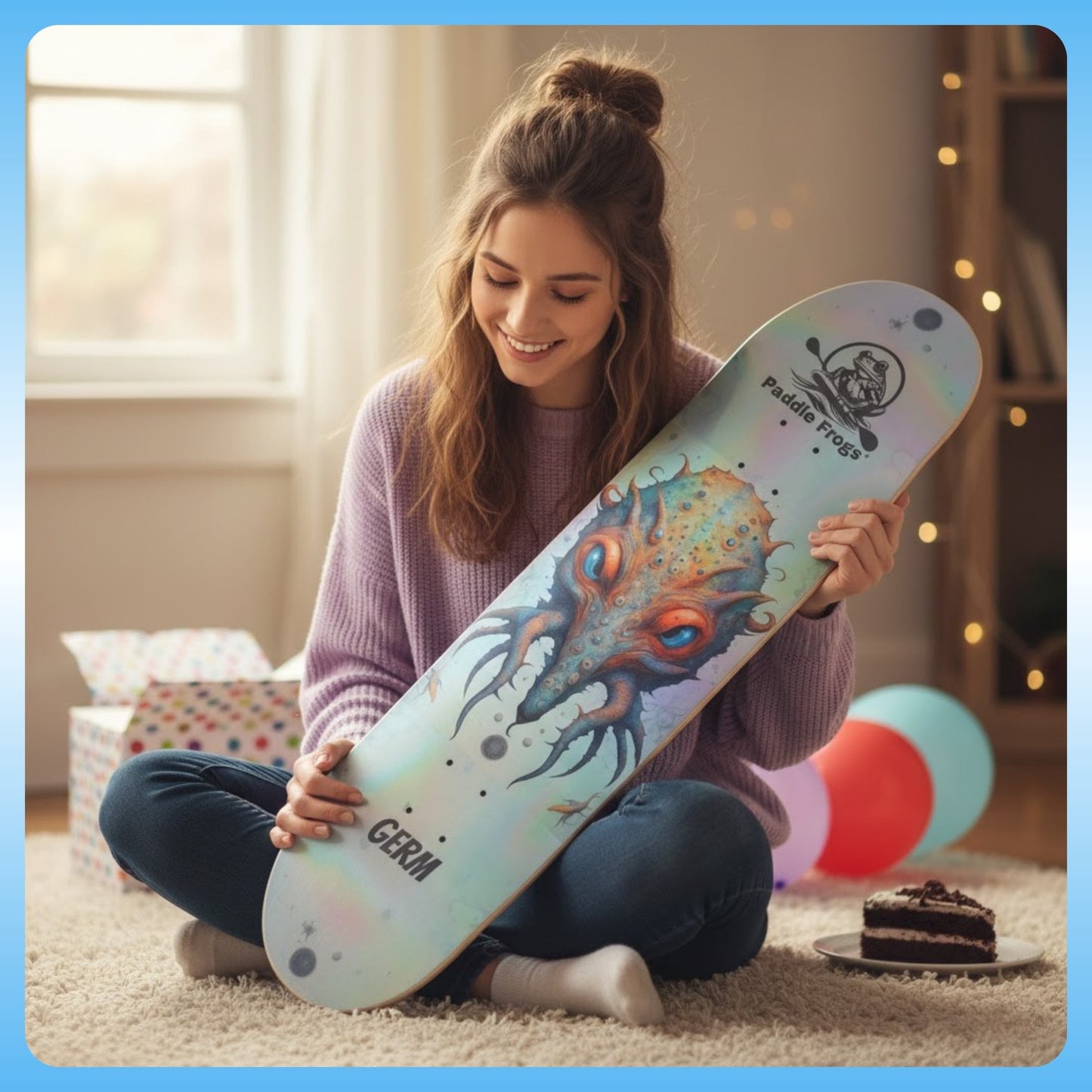 Germ | 8.25 skateboard | Paddle Frogs™ lady sitting crisscross applesauce on her birthday