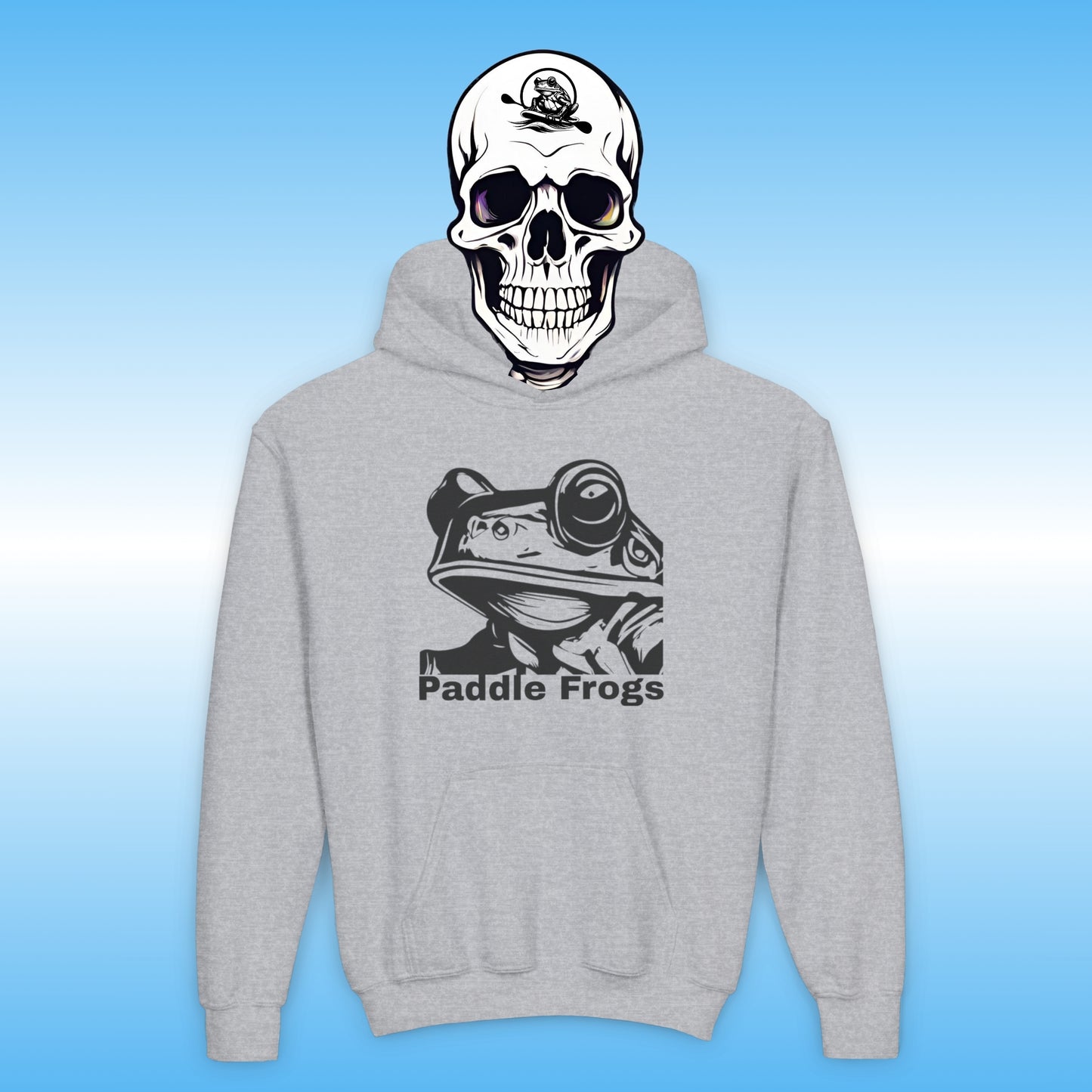 Gray hoodie with 'Paddle Frogs' logo on a blue background with Balance Bennie's Skull Head wearing the hooded jacket