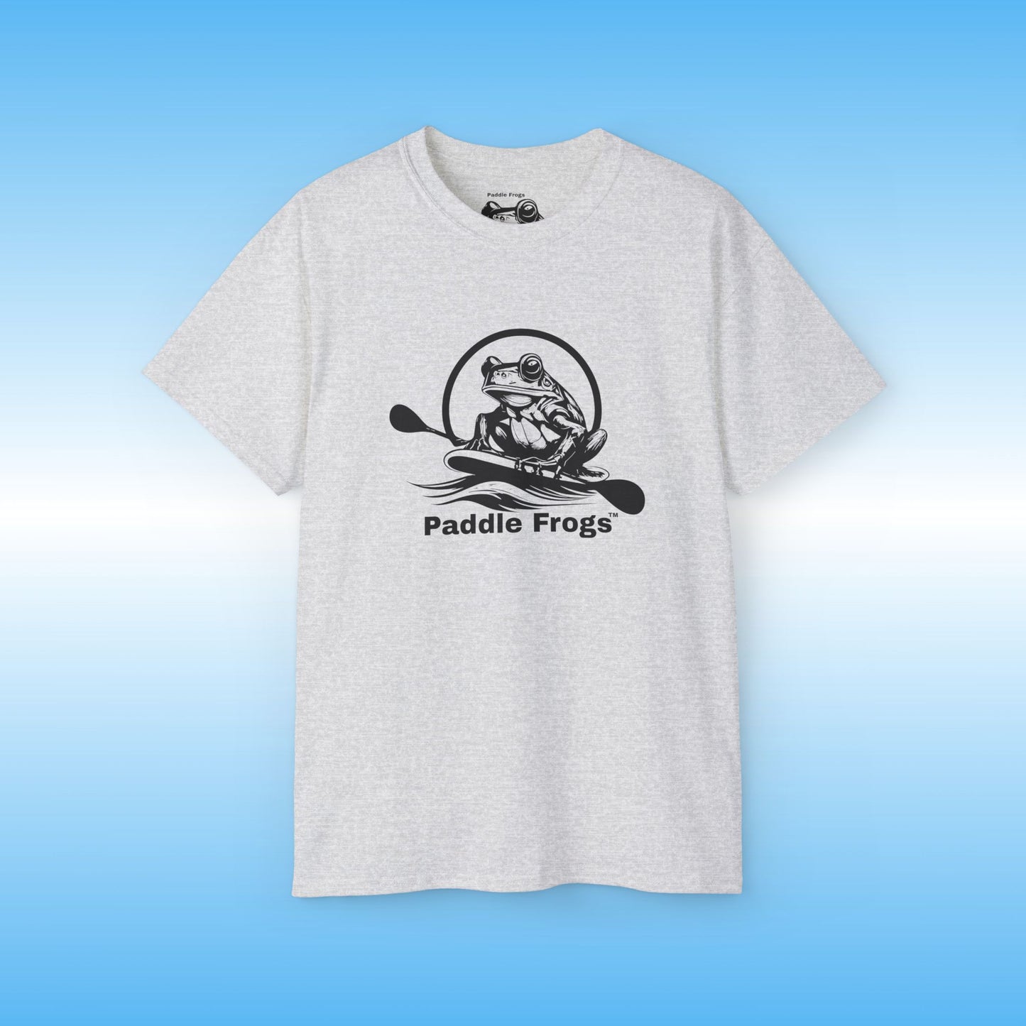 Gray t-shirt with 'Paddle Frogs' logo on a blue background