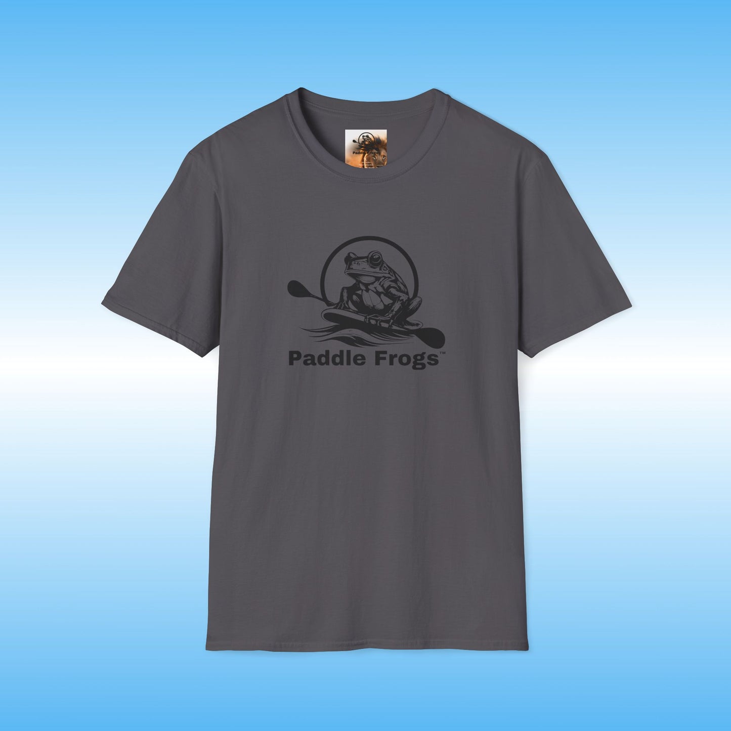 Gray t-shirt with 'Paddle Frogs' logo on a blue background