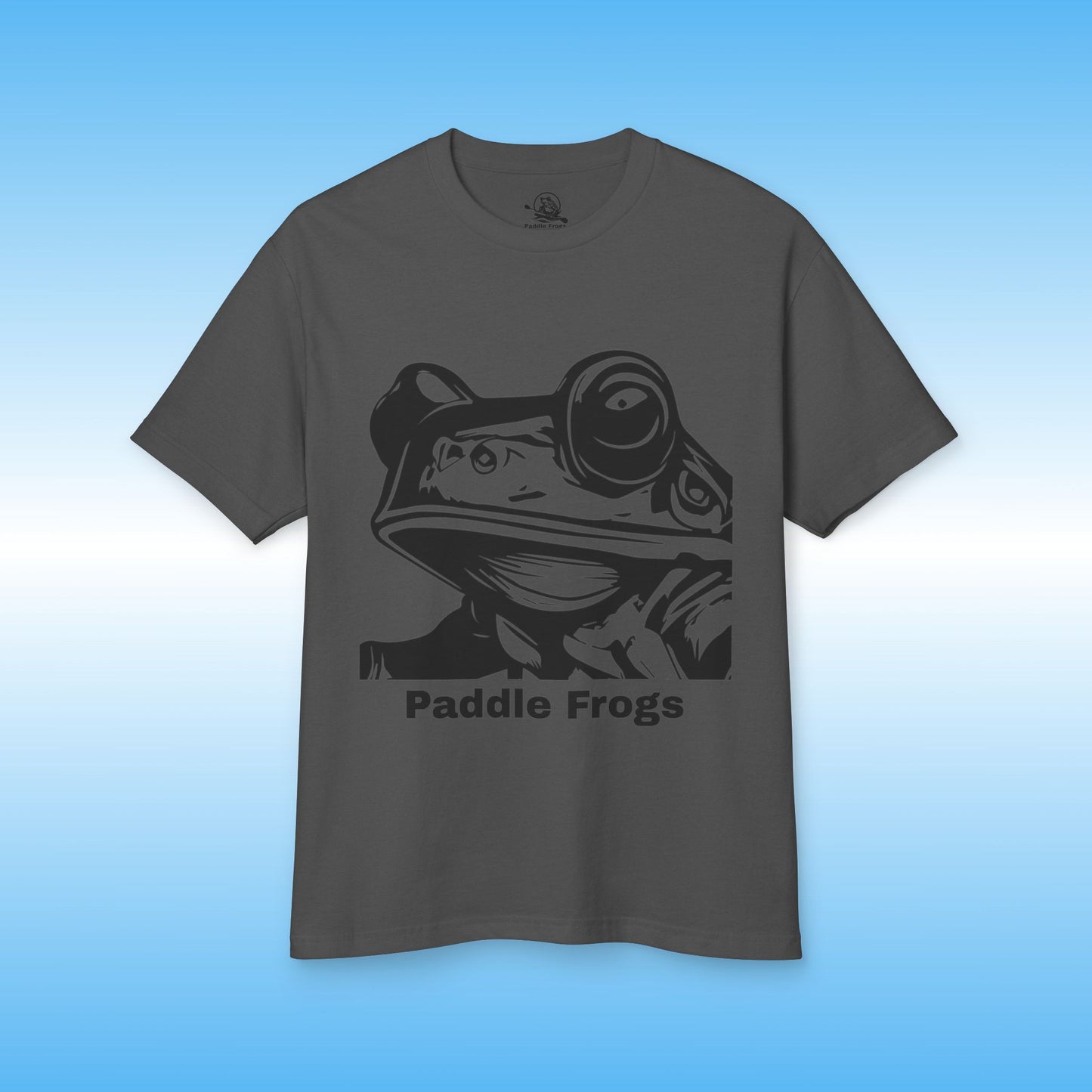 Gray t-shirt with a black frog graphic and 'Paddle Frogs' text on a blue background Pop Art collection